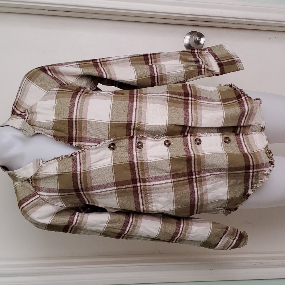 PerchBy  Blu PepperSz.L Green Plaid frayed Hem Botton Down